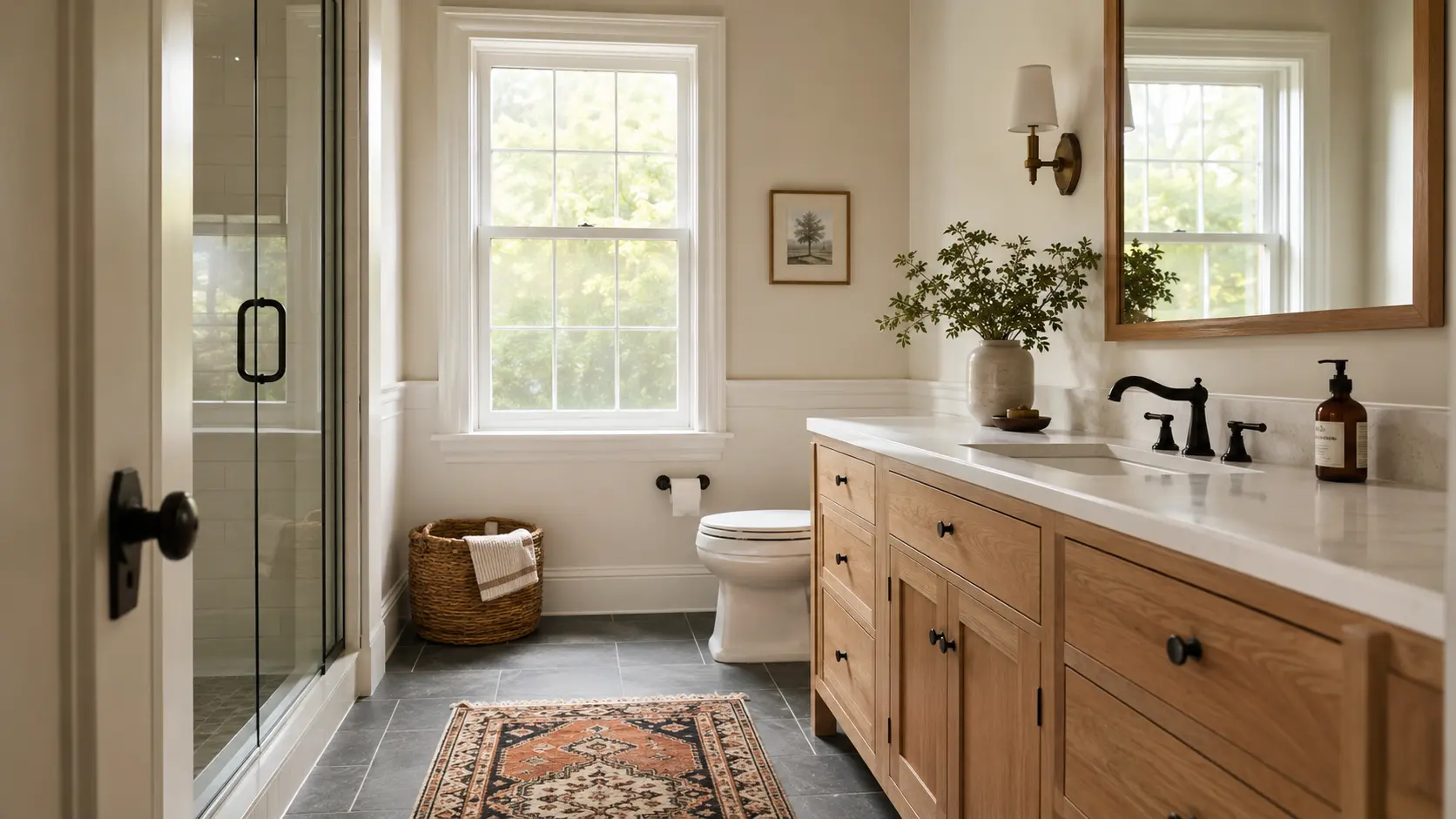 Classic bathroom renovation with a white vanity, polished fixtures, and coastal finishes
