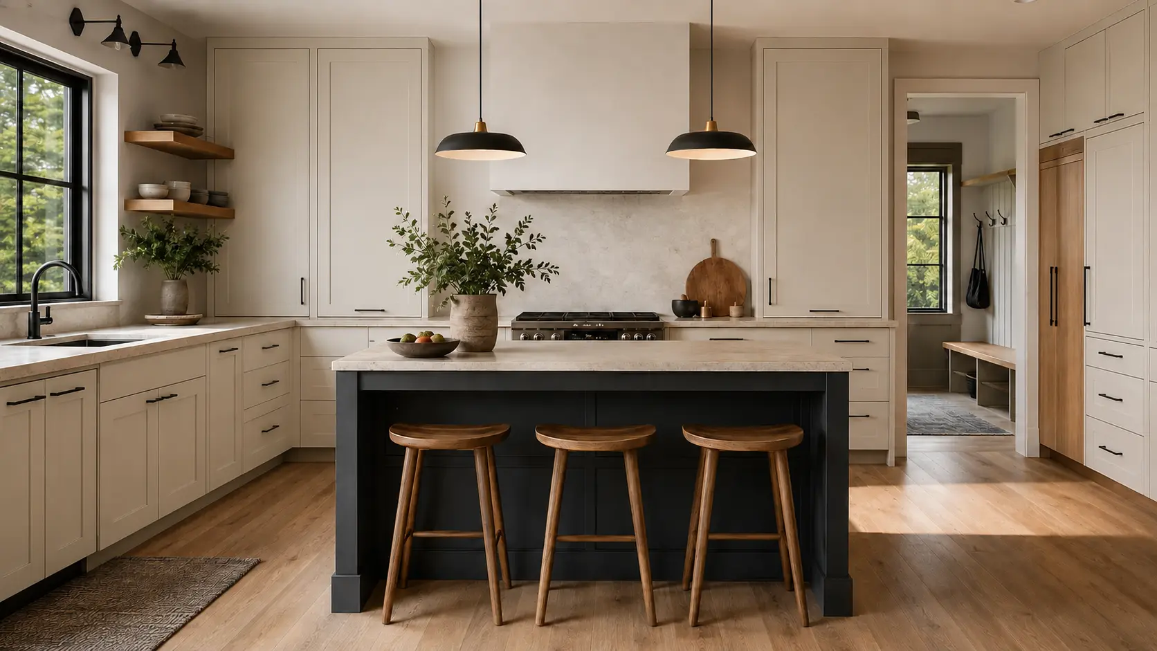 Bright open-concept New England kitchen with wide sightlines, warm wood floors, and natural light