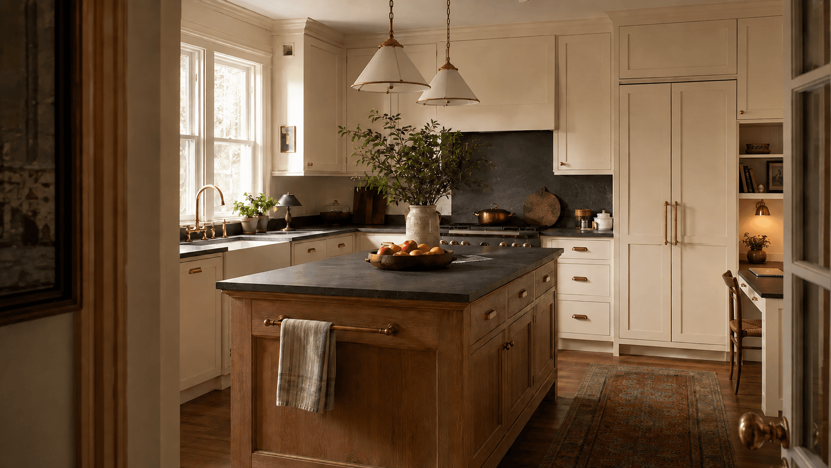 Finished coastal kitchen with white cabinetry, wood accents, and bright natural light