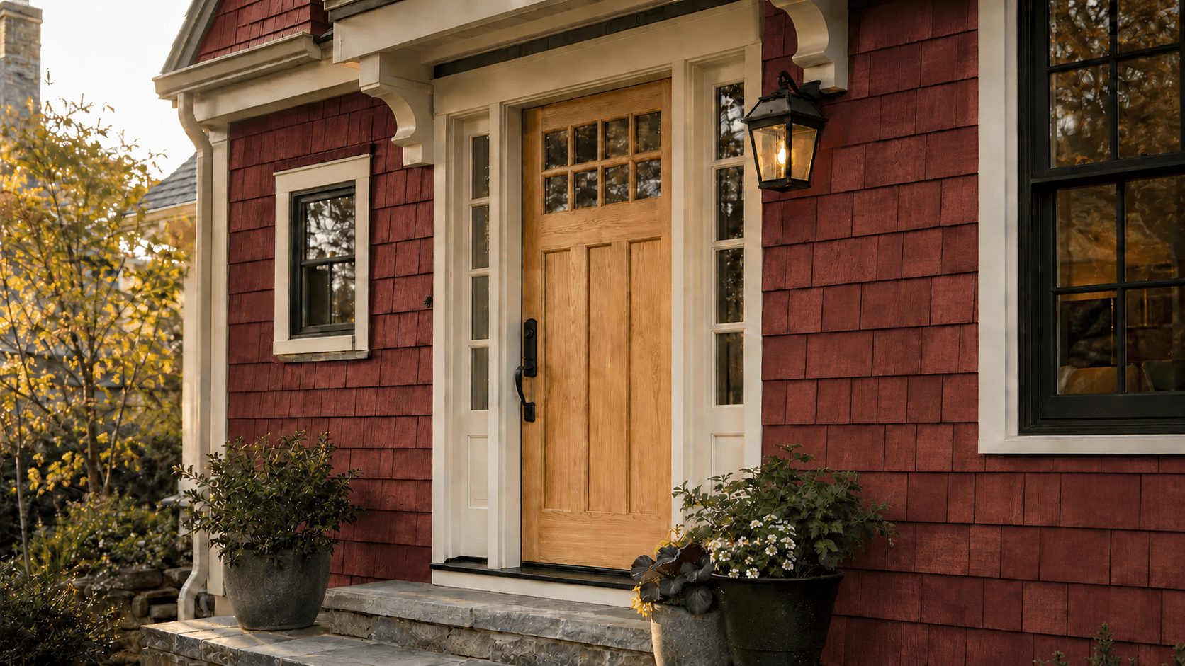 Craftsman entry door with detailed trim, sidelights, and a finished exterior surround
