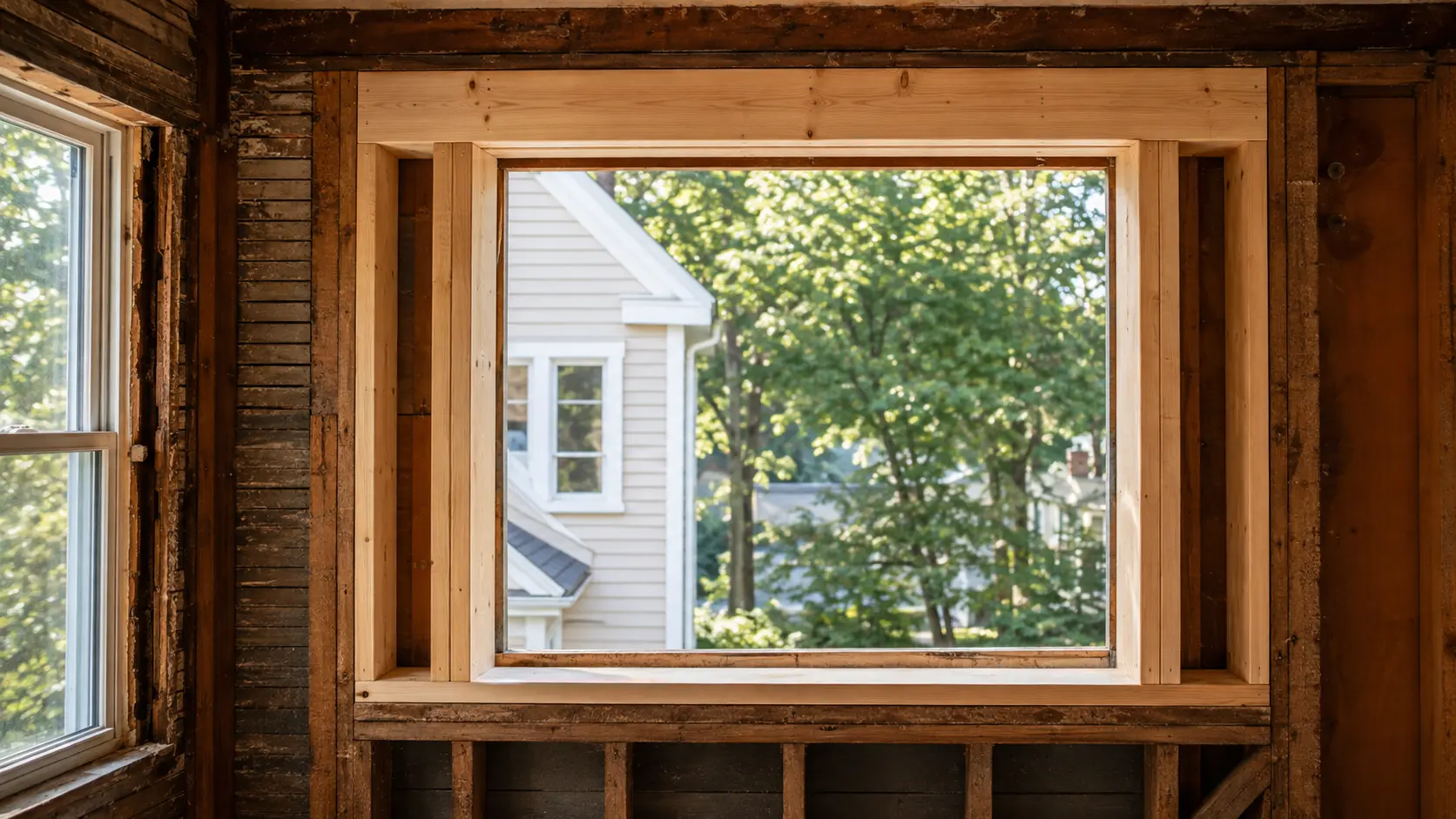 Carefully reframed window opening prepared for installation and finish work