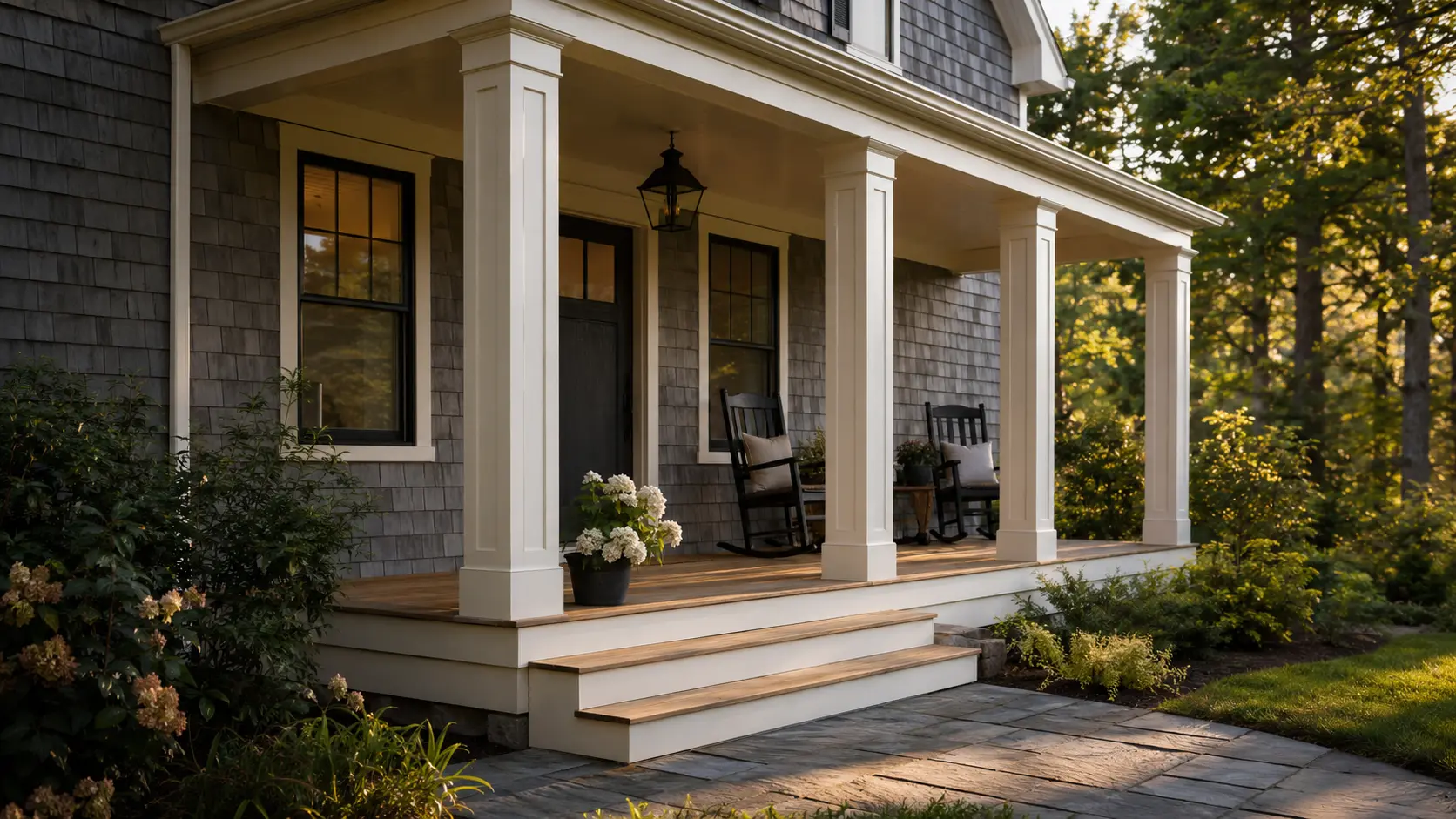 Covered porch on a New England shingle-style home with detailed railings and trim